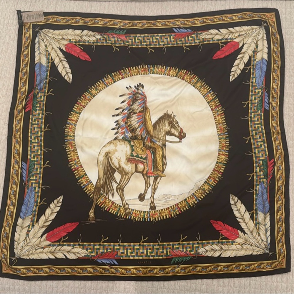 Versace Black and Gold Scarf with Feather Design